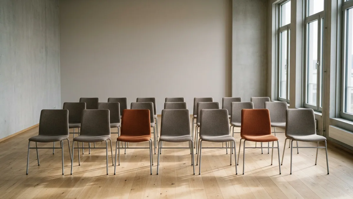 Rows of empty grey chairs and two orange chairs facing a blank wall in a sunlit training room