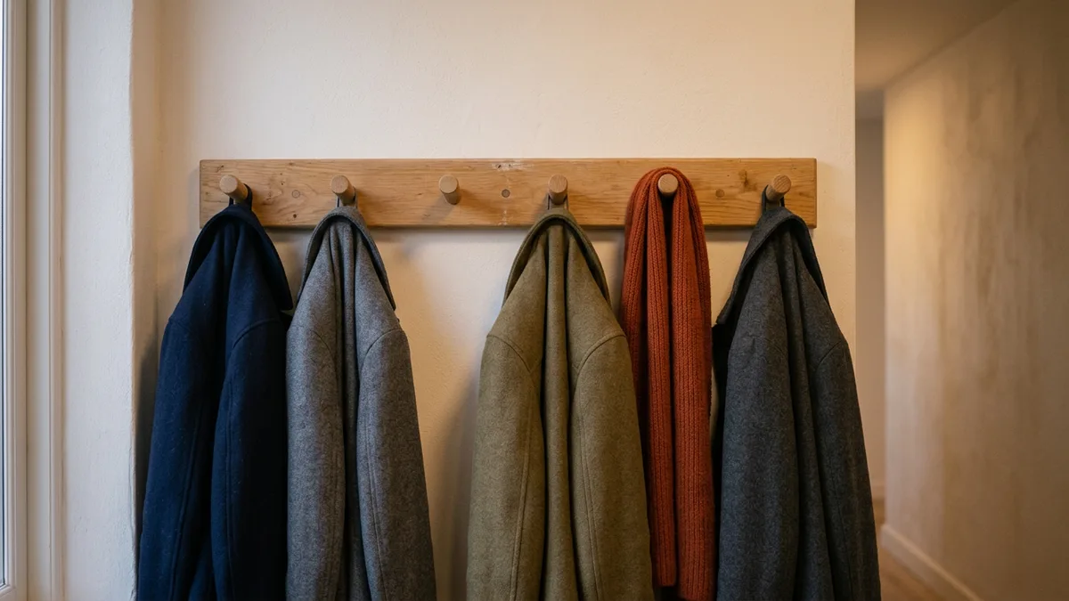Wool coats and an orange scarf hanging on a wooden coat rail in an office hallway with one empty peg