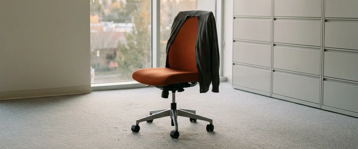 Empty orange office chair with a grey cardigan draped over it beside grey filing cabinets in a finance office