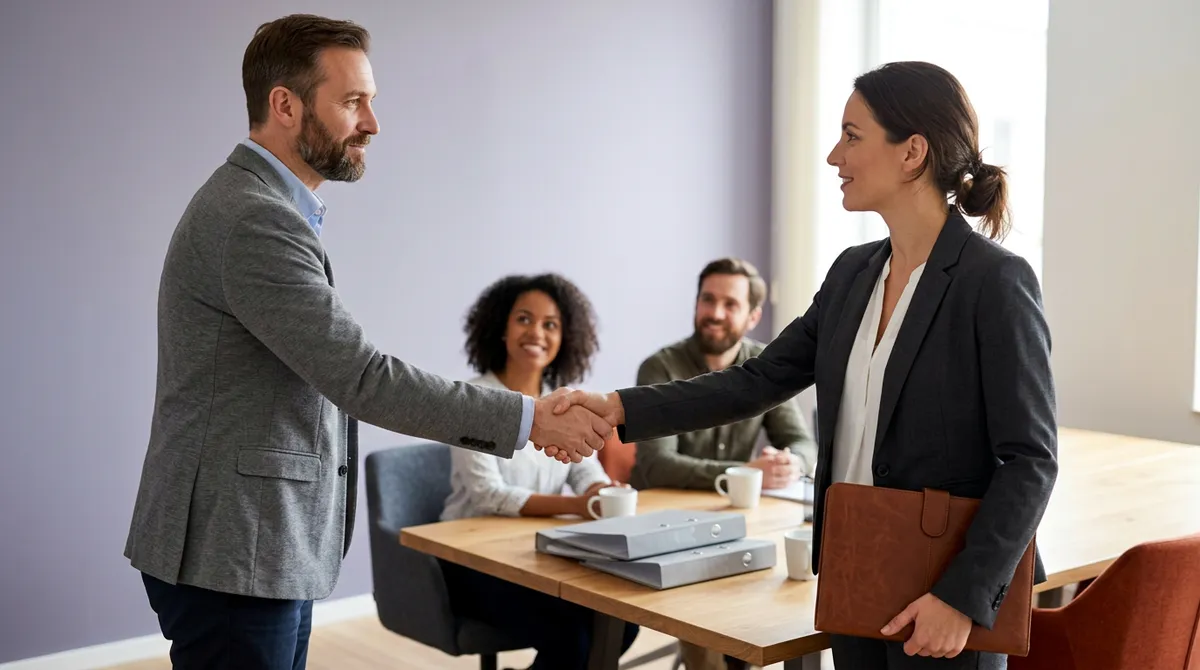 A program manager welcoming a newly arrived ERP consultant to a working project team