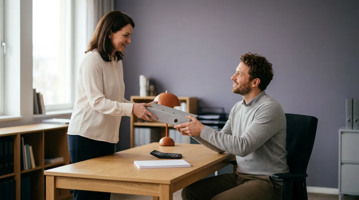A controller handing a month-end binder to a contract senior accountant covering her day job during an ERP program