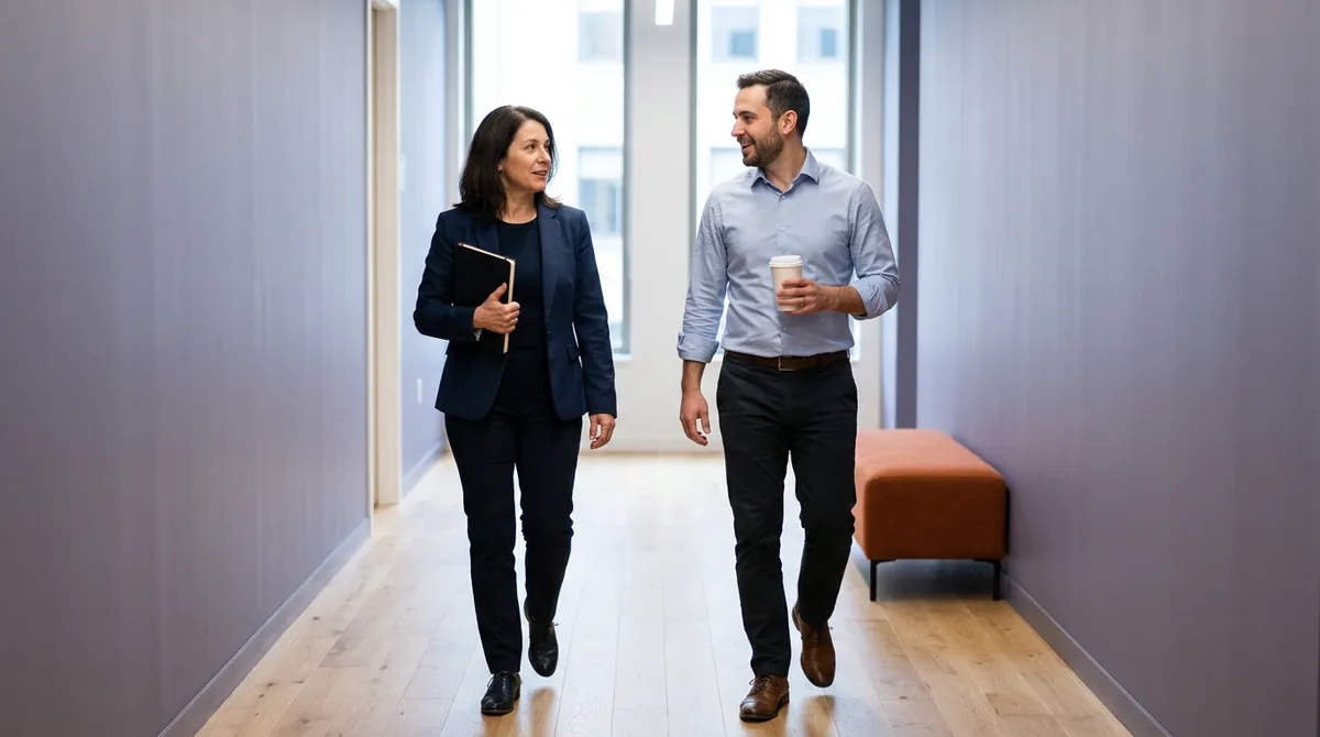 An ERP program manager and a solution architect talking as they walk down an office corridor