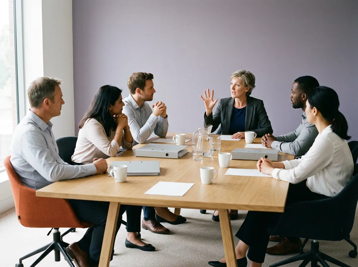 An ERP program team of six around a long project table during a planning discussion