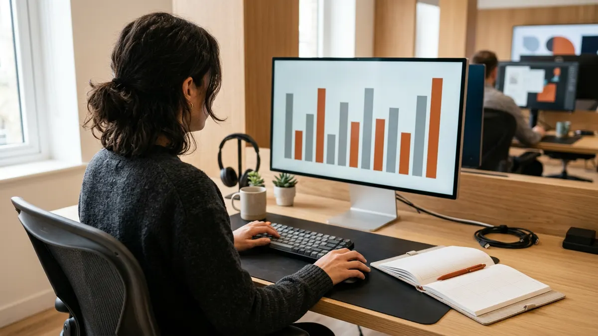 A business systems analyst reviewing a monthly ERP workload plan on a large monitor