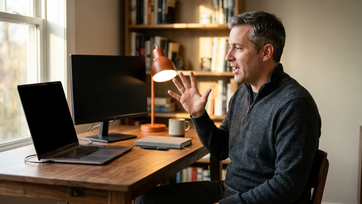 An ERP consultant on a video call with a client team, working remotely inside the client time zone