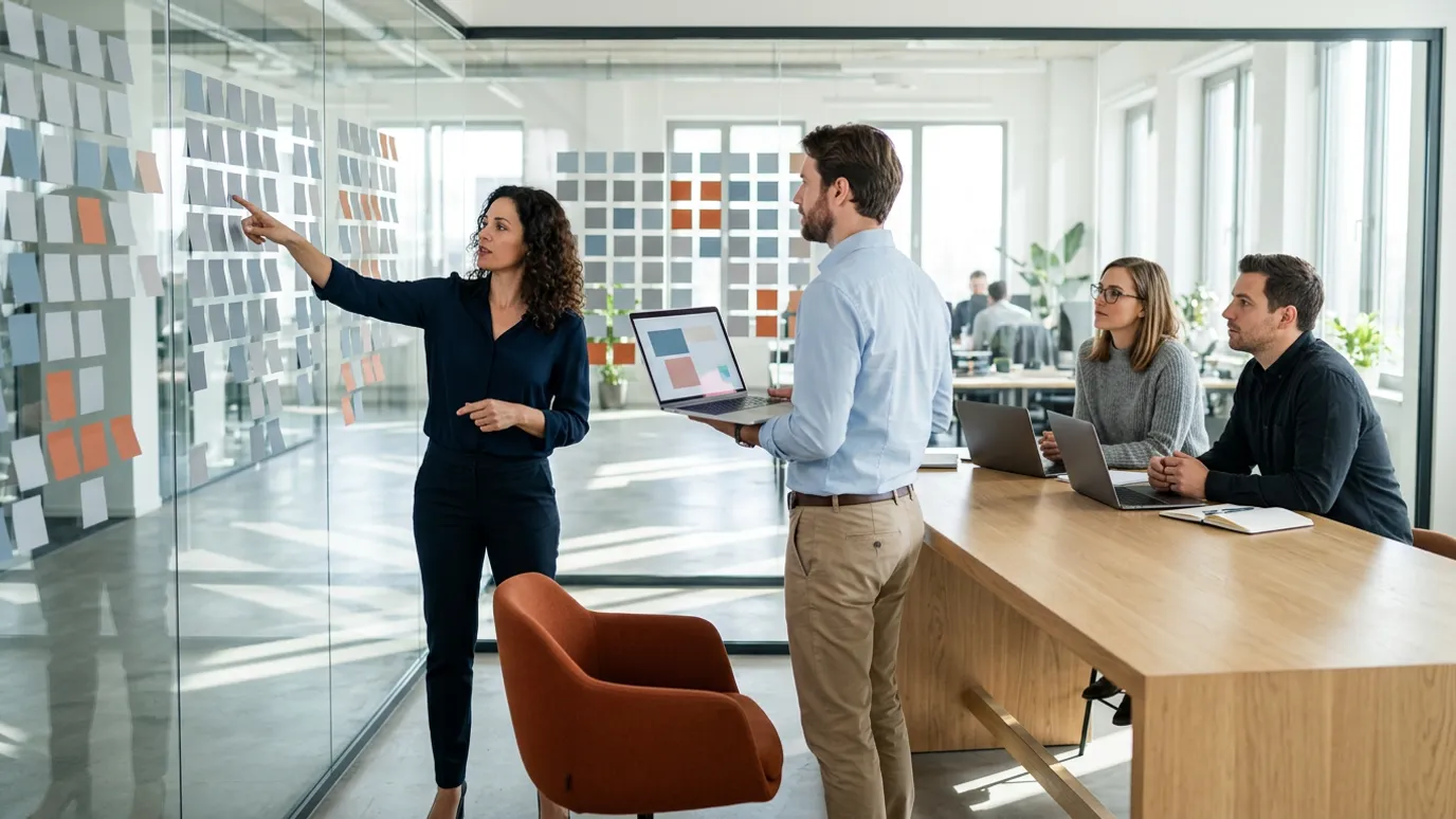 An ERP team planning a year of project capacity against a wall of planning blocks in a bright office