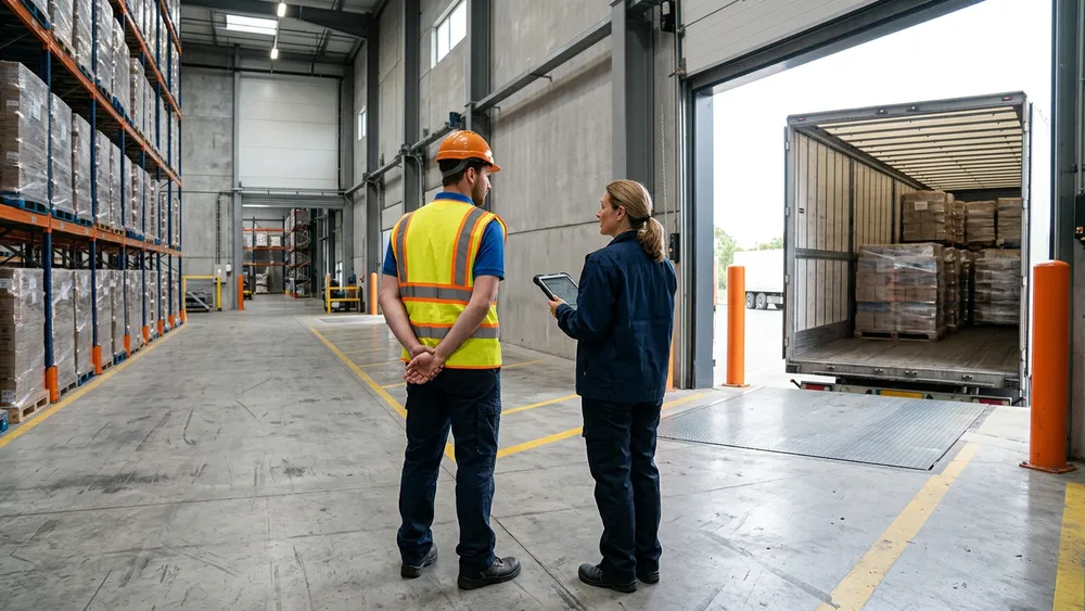 An ERP business analyst and a warehouse operations manager reviewing a tablet on a loading dock at a South Metro Atlanta distribution center