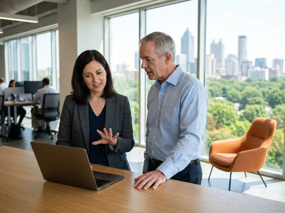A KORE1 ERP recruiter and a distribution operations director talking over a laptop in an Atlanta office with the Midtown skyline behind them