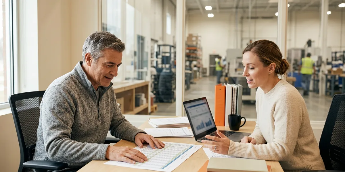 An ERP functional consultant and a finance manager working through month-end close reports at a shared desk in a Marietta manufacturing office