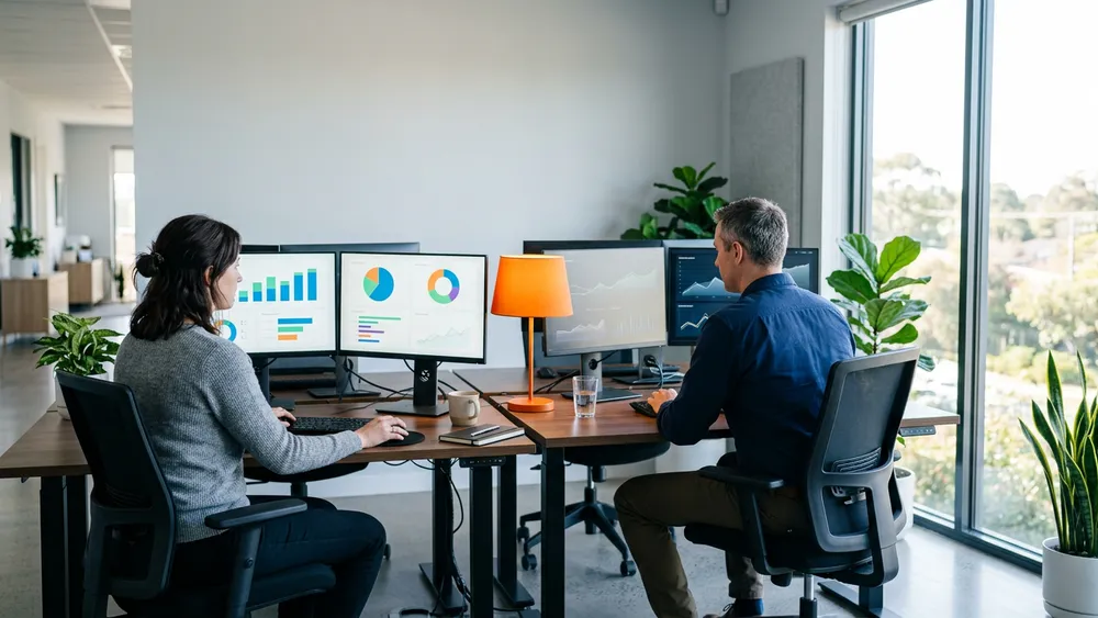 Two finance systems analysts reviewing payment settlement dashboards on adjacent monitors in an Alpharetta fintech office