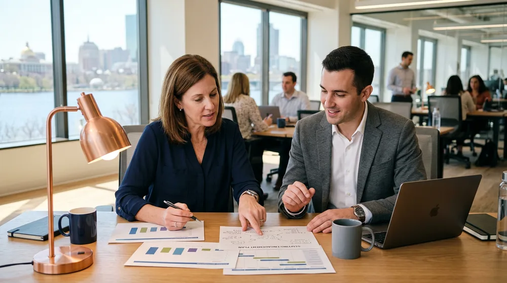 Hiring manager and KORE1 recruiter discussing an ERP engagement model over printed notes in a Boston office
