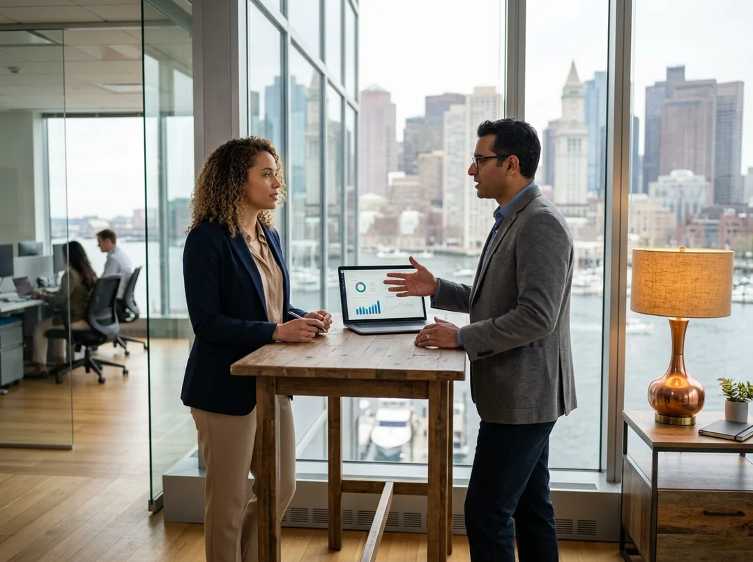 Two ERP consultants reviewing a system dashboard at a standing desk in a Boston Financial District office with the Boston skyline behind them