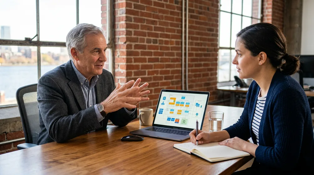 Senior ERP consultant walking a colleague through a platform decision on a laptop in a Boston conference room