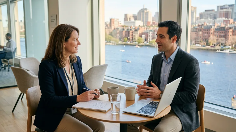 KORE1 recruiter interviewing an ERP consultant candidate at a small table with a Charles River view in a Boston office