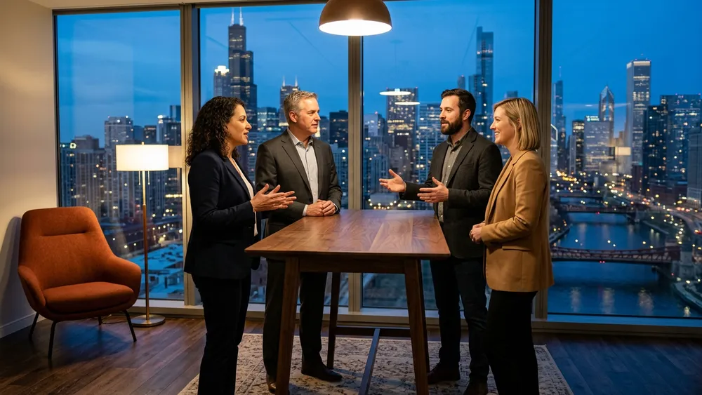 Four finance and operations colleagues at month-end close in a Chicago Loop high rise with the skyline and river behind them
