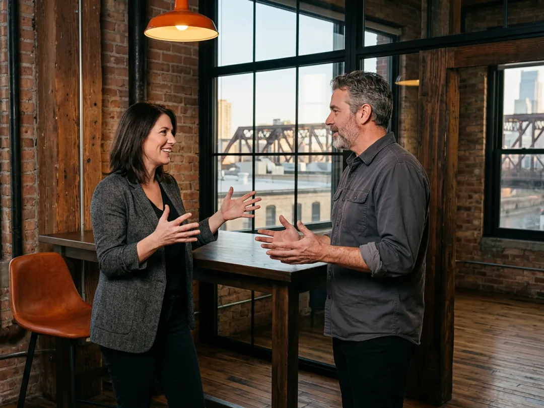 A KORE1 ERP recruiter and a manufacturing controller talking across a standing table in a Chicago West Loop office with a river bridge visible through the windows