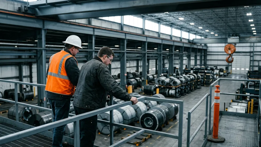 An ERP business analyst and a plant supervisor looking down at steel coils from a mezzanine walkway at a Northwest Indiana service center
