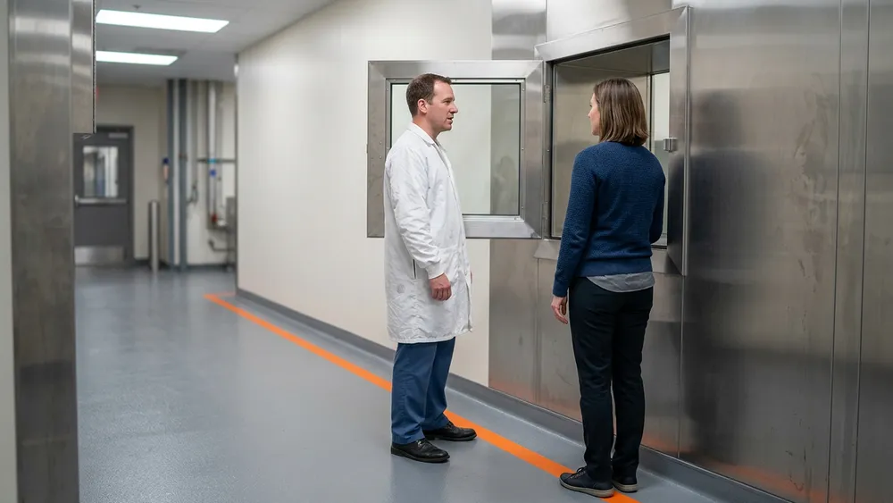 A quality lead and a business systems analyst talking either side of a stainless pass-through in a Lake County Illinois pharmaceutical plant corridor