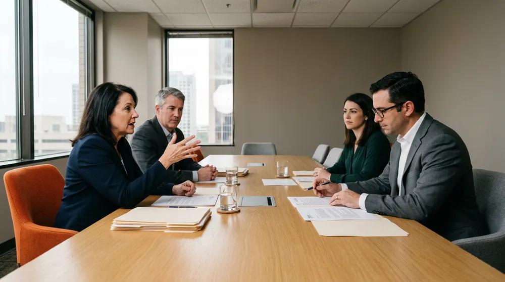 Four finance and operations professionals from two companies reconciling printed allocation statements across a conference table in Houston