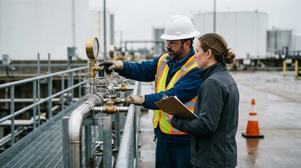 A terminal operator pointing at a brass gauge fitting on a stainless steel metering skid while a business systems analyst takes notes at a Houston liquids terminal