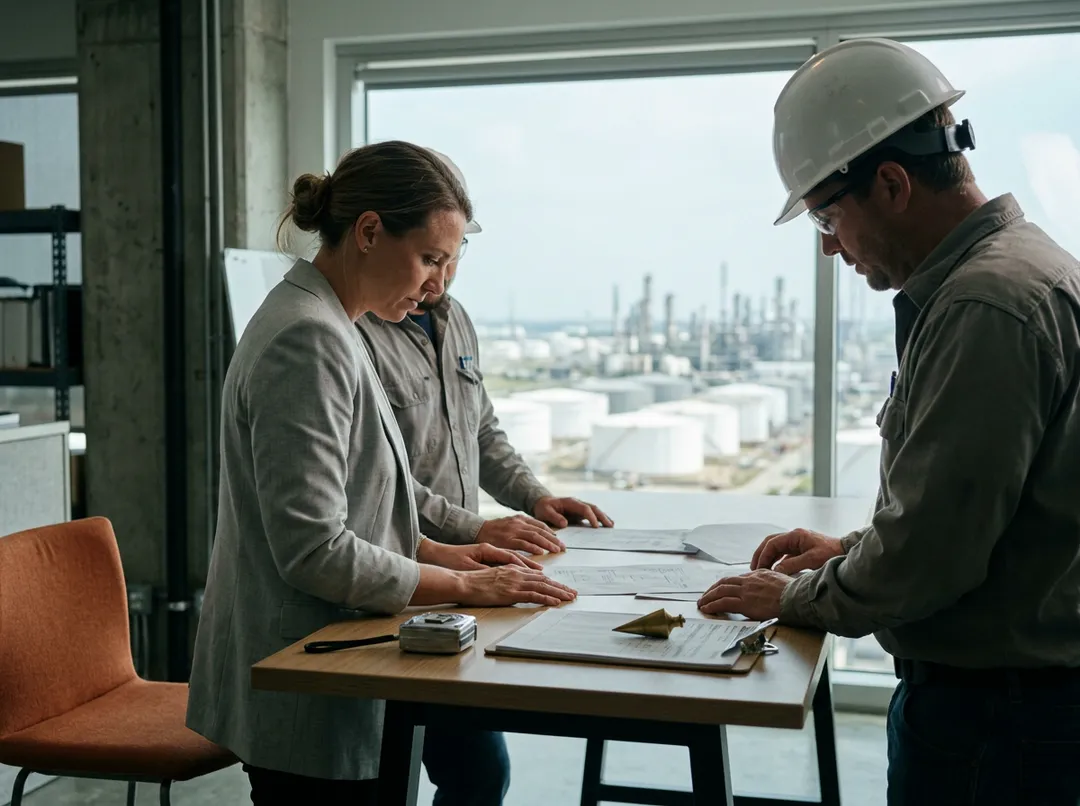 A KORE1 recruiter and a terminal supervisor reviewing printed gauge tickets at a standing table above a Houston Ship Channel tank farm