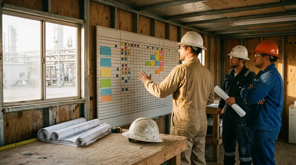 A turnaround planner marking a blank grid schedule board with magnets while two contractors watch inside a refinery site trailer near Houston