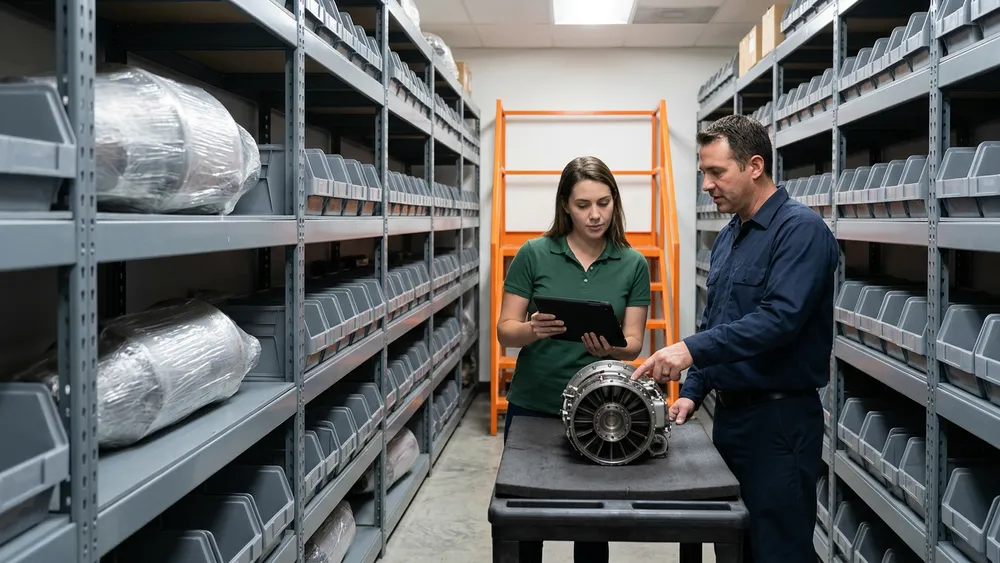 An ERP inventory analyst and an aircraft maintenance technician reviewing a jet engine component in a parts stockroom at an aviation maintenance facility near Miami International Airport