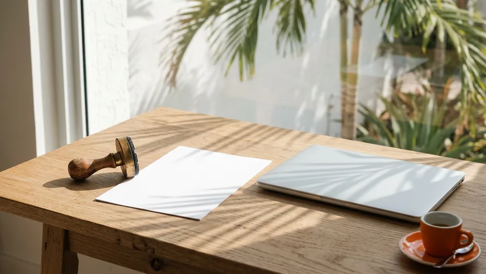 An old wooden-handled rubber stamp beside a blank sheet of paper and a closed laptop on a sunlit desk in a Miami office with palm shadows