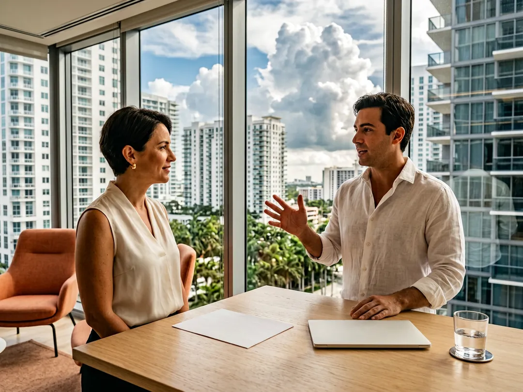 A KORE1 ERP recruiter and a regional finance director talking at a standing table in a bright Brickell office with afternoon clouds building over Miami towers