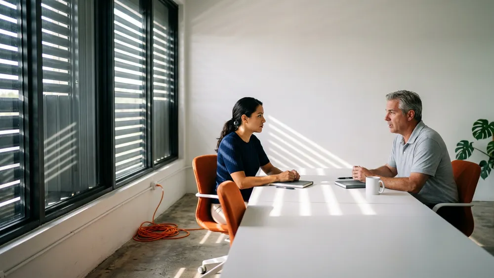 An ERP consultant and an IT operations lead talking at a conference table in a Doral office with aluminum hurricane shutters half closed over the windows