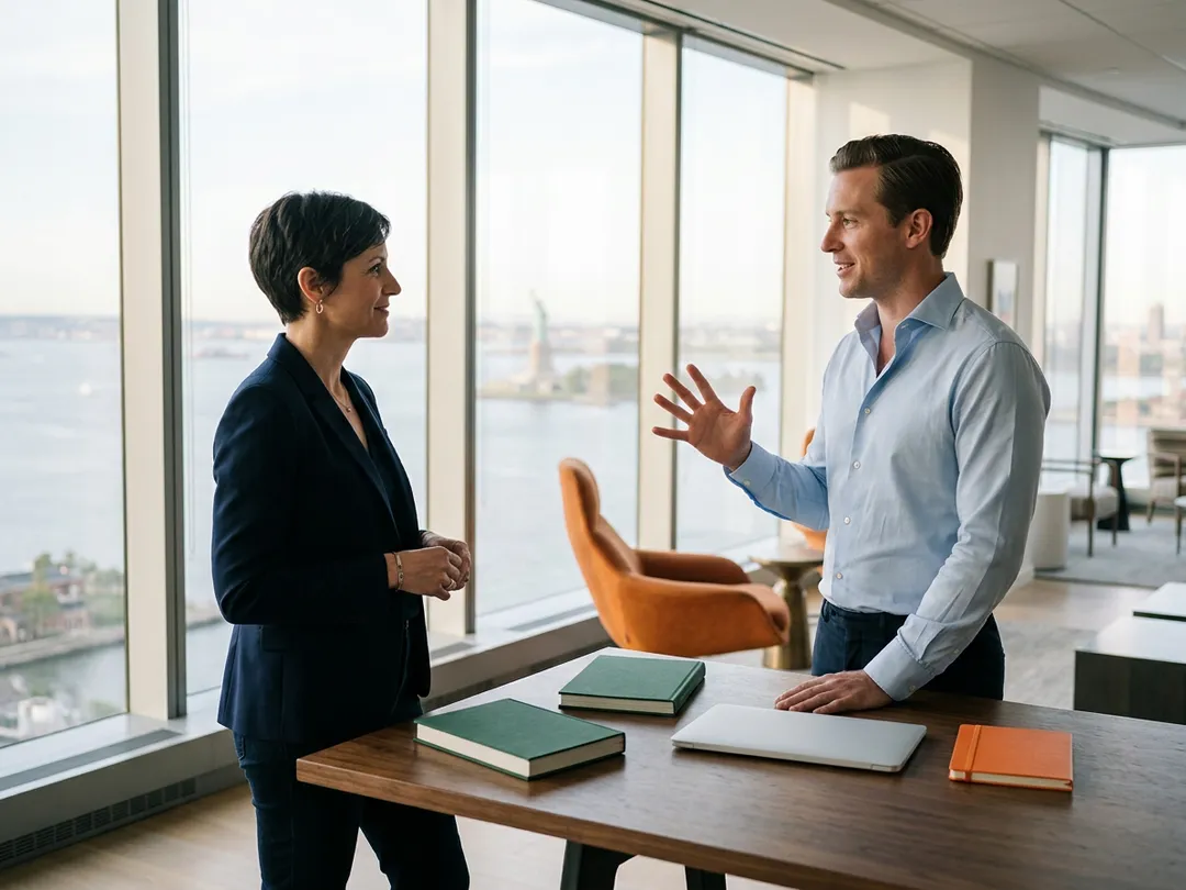 A KORE1 ERP recruiter and a corporate controller talking at a standing table in a Lower Manhattan office with New York Harbor and the Statue of Liberty visible through the windows
