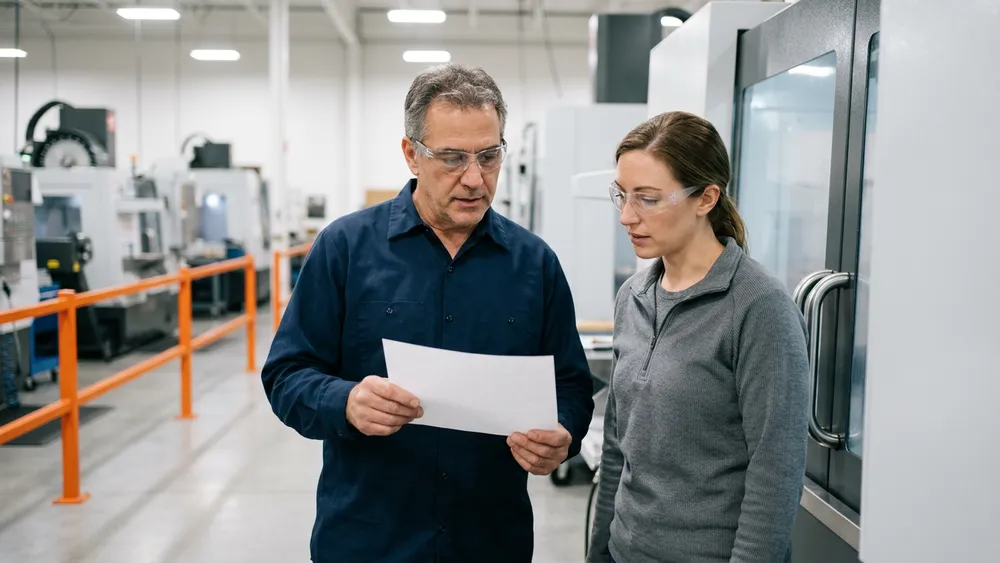 An ERP analyst and a machinist reviewing a paper job traveler beside a CNC machining center in a Long Island precision aerospace machine shop