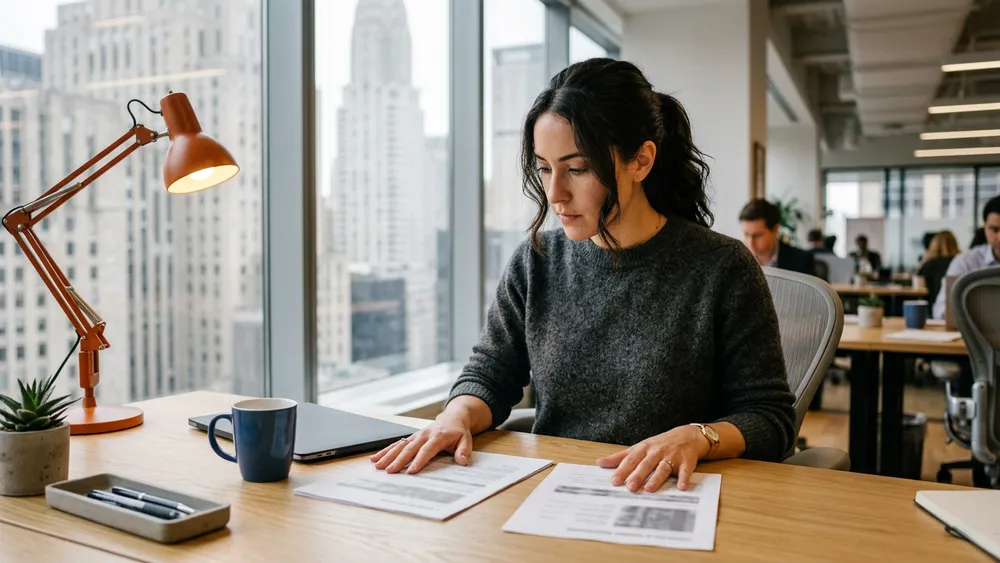 A finance systems consultant comparing two printed financial reports side by side at a desk in a Midtown Manhattan office