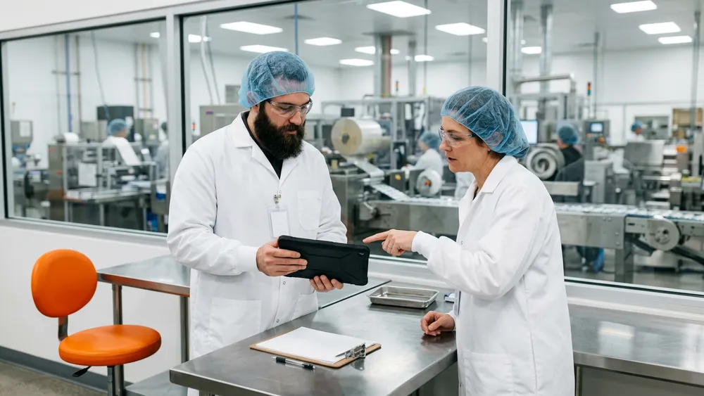 A computer systems validation analyst and a quality lead reviewing a test protocol on a tablet at a lab bench in a New Jersey pharmaceutical plant