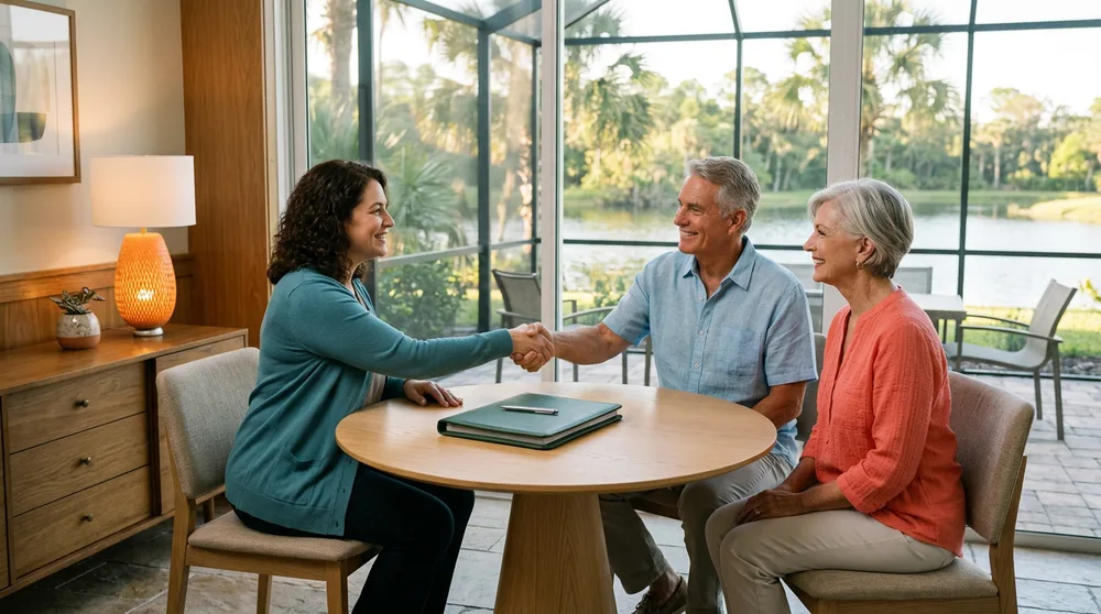 A resort sales center closing officer shaking hands with a couple in their sixties across a table holding a closed green document portfolio, with a screened lanai and a lake behind them in Orlando