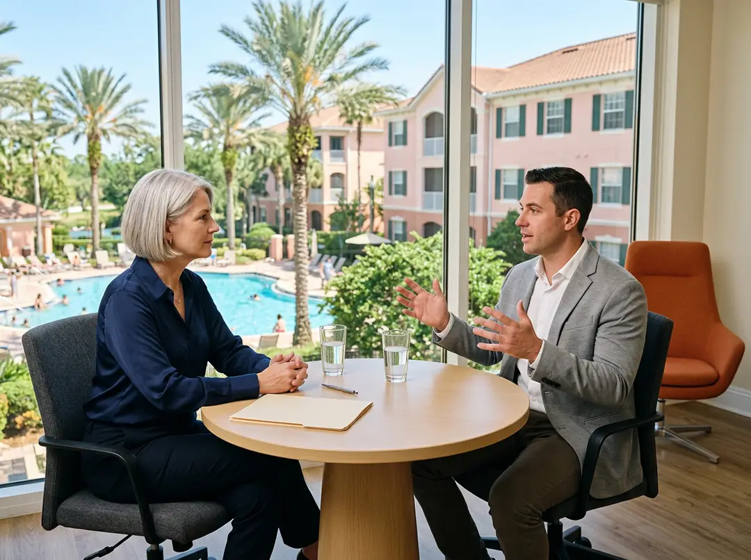 A KORE1 ERP recruiter talking with a vacation ownership finance director at a round table in an Orlando resort company office, with coral stucco villas, palm trees and a pool outside the window