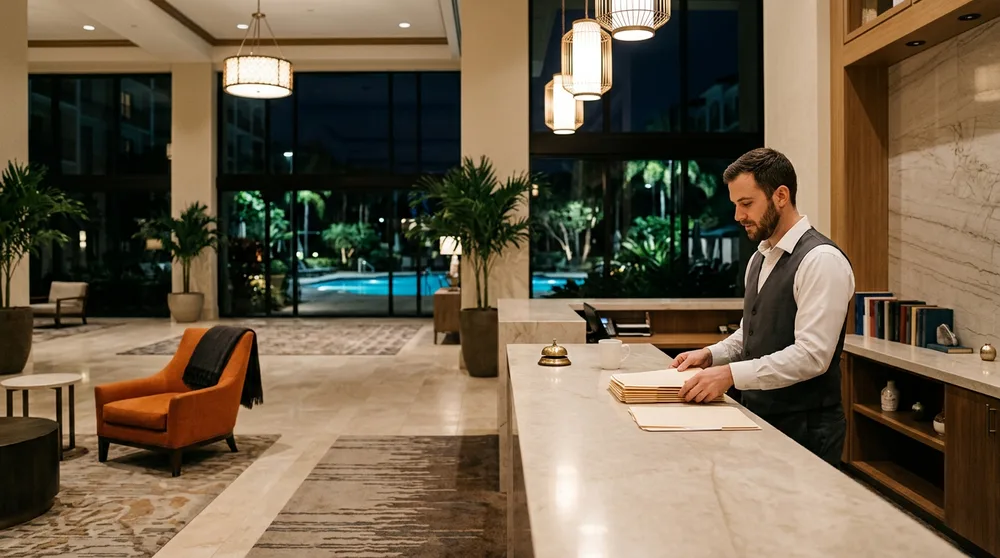 A hotel night auditor squaring a stack of manila folders at the front desk of an empty Orlando resort lobby at about two in the morning, with a lit pool outside the windows