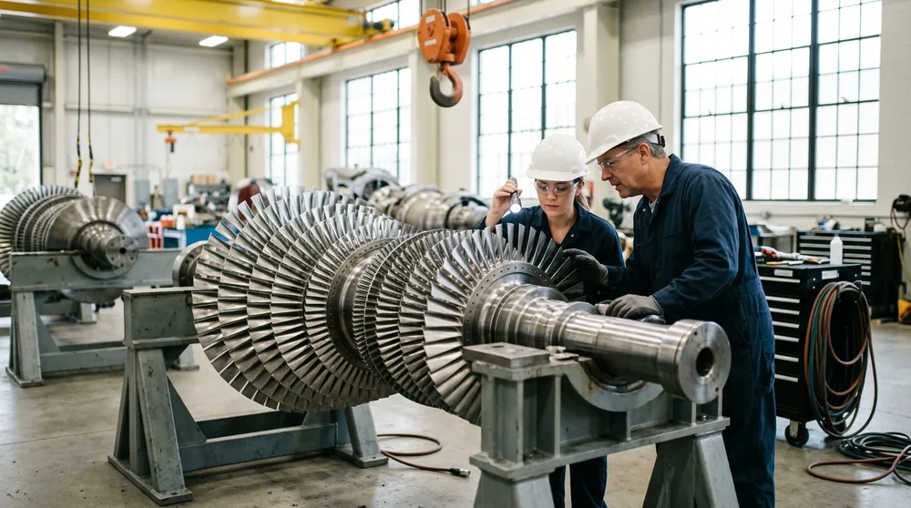 Two service engineers in white hard hats inspecting the compressor blades of a gas turbine rotor on steel stands in a Central Florida turbine service shop