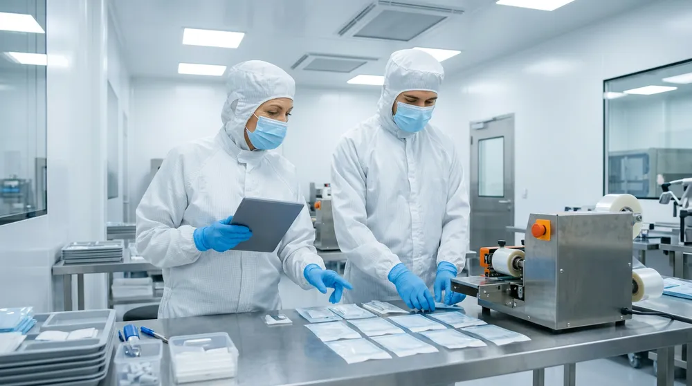 A quality engineer holding a tablet and a packaging operator in white cleanroom gowns reviewing sealed sterile pouches at a stainless steel workstation in a Pinellas County medical device plant