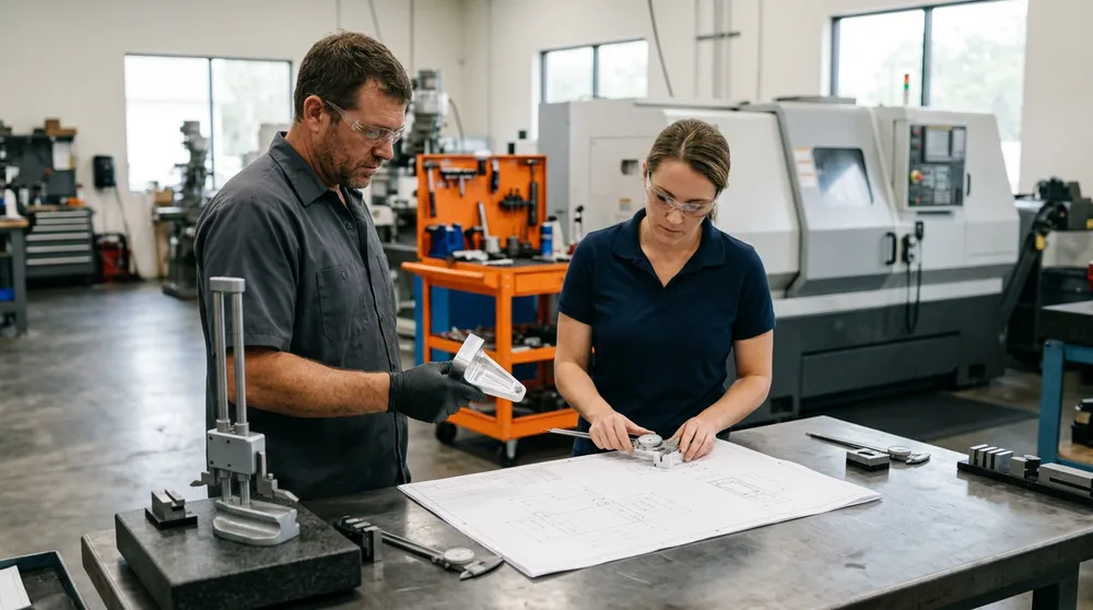 A machinist holding a machined aluminum aerospace bracket while a quality inspector checks it against a paper engineering drawing on a steel inspection table in a Largo machine shop
