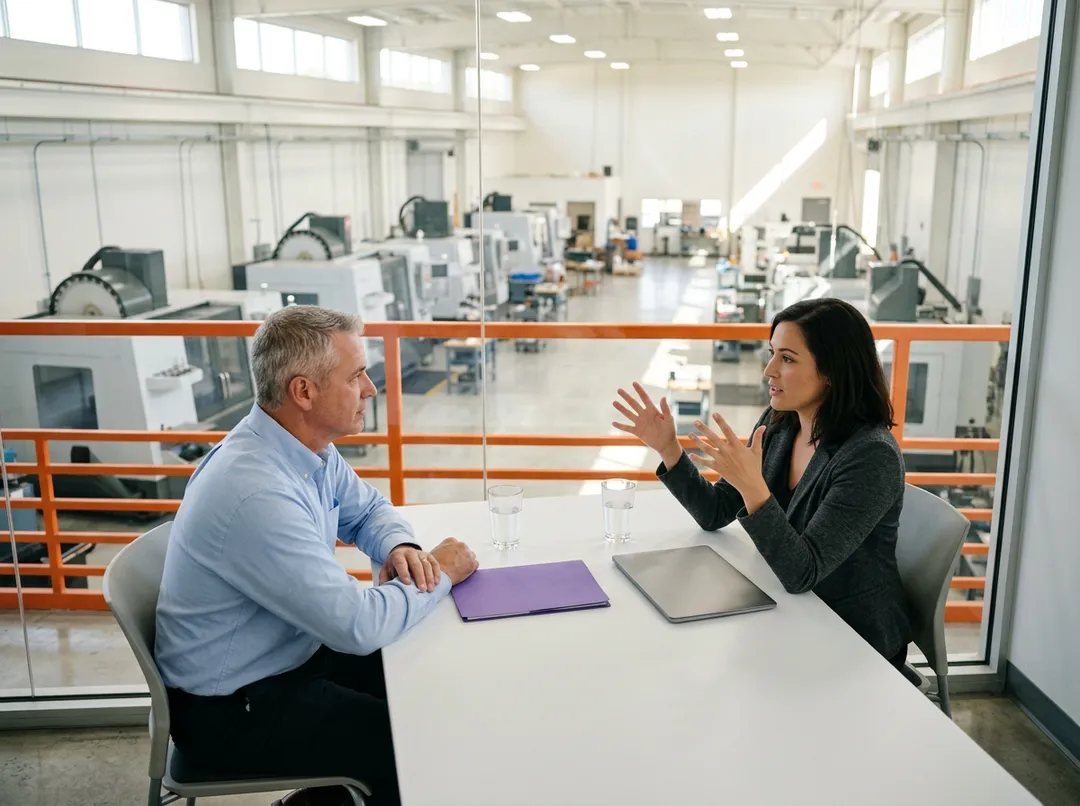 A KORE1 ERP recruiter talking with a defense supplier operations director at a table in a glass mezzanine office above a Pinellas County machine shop, a plain purple folder between them