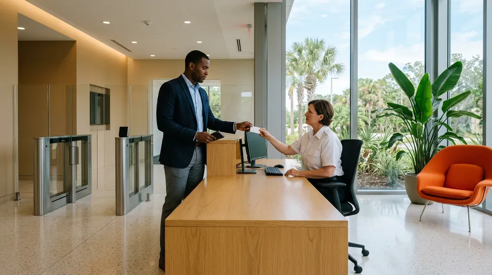 An ERP consultant handing a blank identification card to a security officer at the reception desk of a defense contractor office near Tampa, with turnstiles and palm trees outside the windows