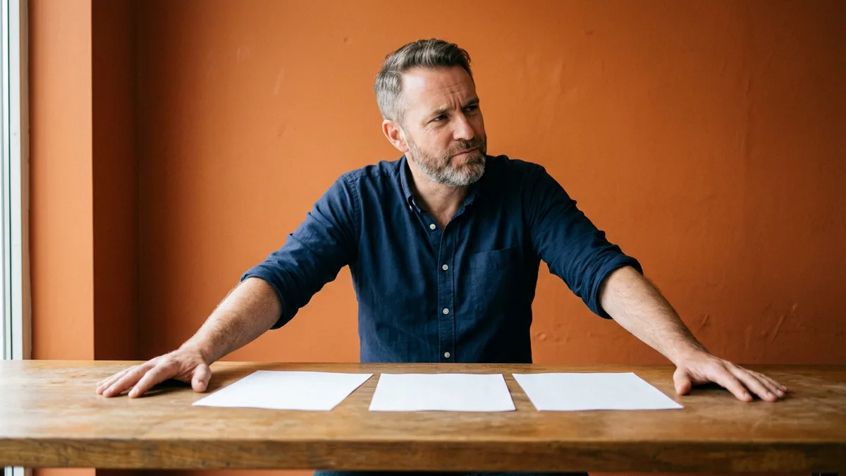 Senior software architect with a salt-and-pepper beard leaning on a wooden table over three blank sheets of paper against an orange wall, listening to a colleague