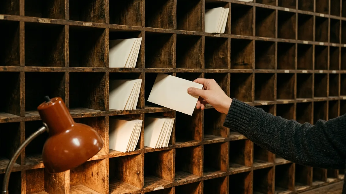 Hand sliding a blank envelope into a wall of wooden mail-sorting pigeonholes, representing the many consumers subscribed to one event topic
