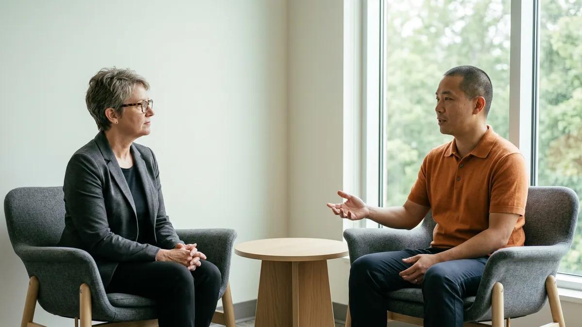 CFO in glasses listening to a technology lead explain ownership of the company tech stack in a bright meeting room