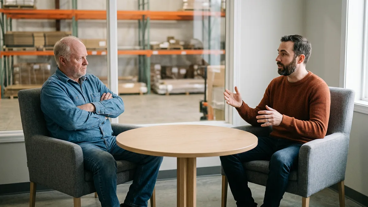 Skeptical distributor owner with arms crossed listening to a consultant in an office overlooking the warehouse floor