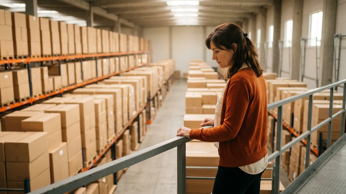 Operations manager leaning on a mezzanine railing looking over rows of warehouse inventory