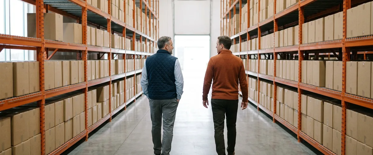 Distribution company owner and technology consultant walking down a warehouse aisle between orange pallet racks