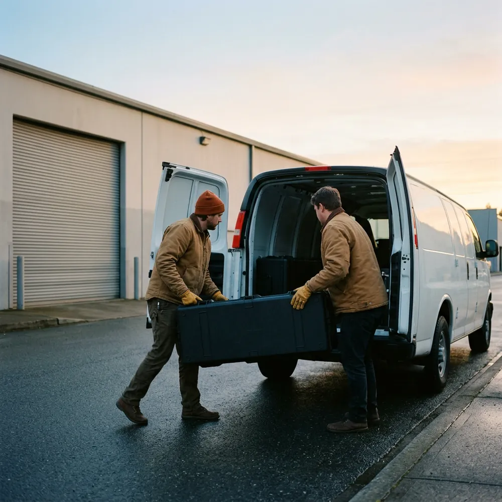 Two production crew members loading plain black equipment cases into an unmarked white van outside a warehouse at dawn