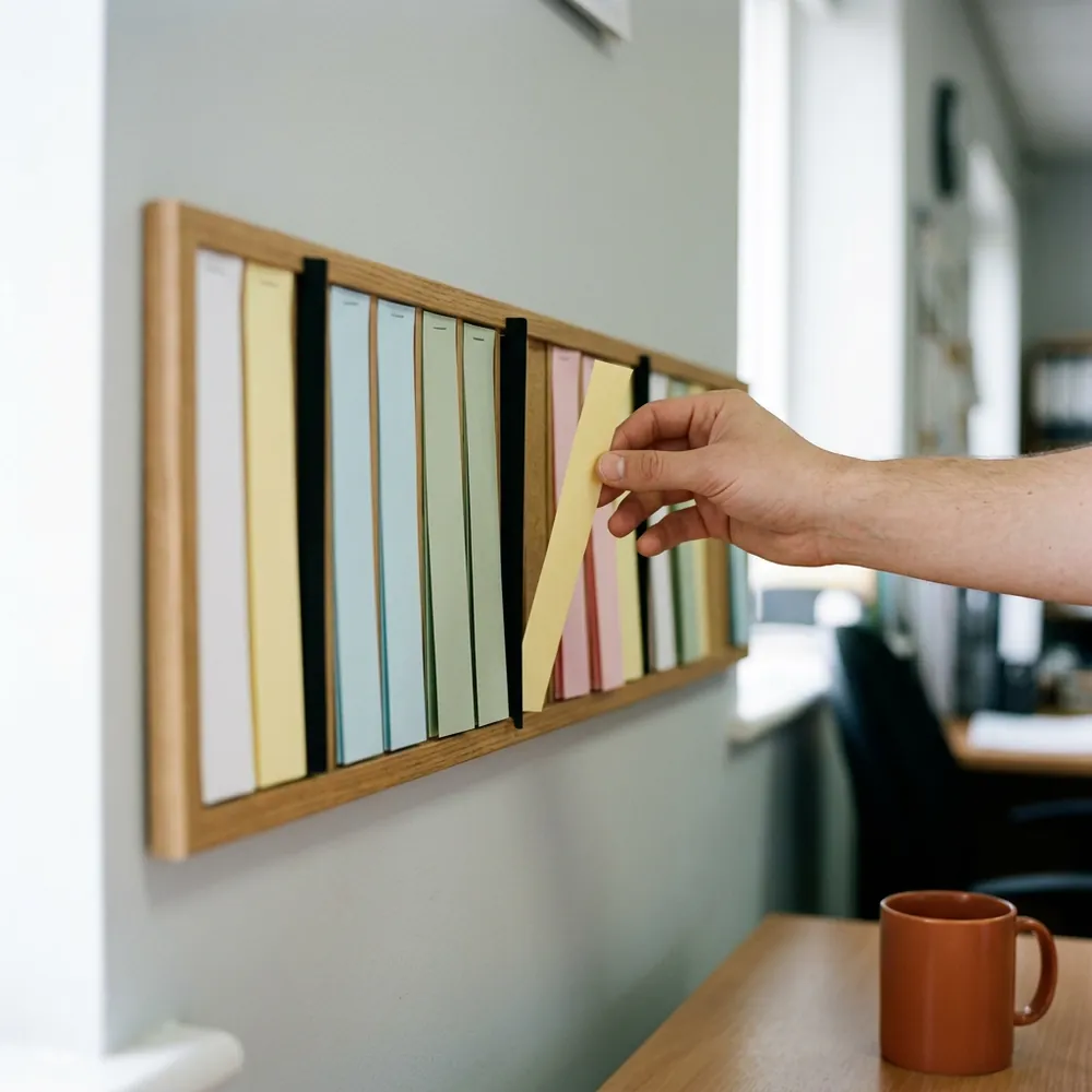 Wooden production scheduling board on an office wall holding rows of blank colored paper strips, one hand sliding a yellow strip into place